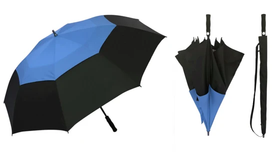 도매: 특대 68 인치 블루 골프 우산 슈퍼 대형 더블 레이어 바람 방지 비 방지 자동 오픈 골프 우산 사용자 정의 로고