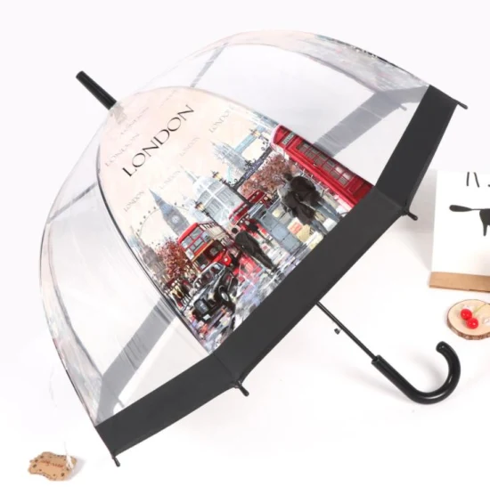 BSCI 공장 OEM 광고 새로운 발명 프로모션 도매 맞춤형 방풍 돔 투명 투명 파라과이 비 여성 우산 선물로